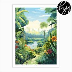 an image of a tropical scene with flowers and trees