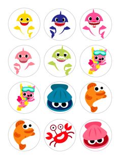 some stickers with different types of cartoon characters on them, all in different colors