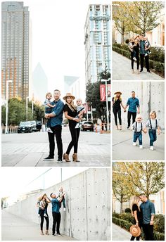 a collage of photos showing people walking down the street with one woman holding her baby