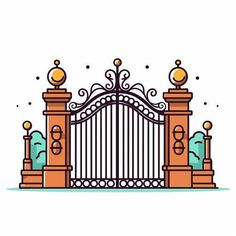 an iron gate with pillars and gates on each side, in front of a white background