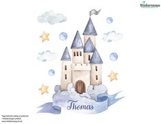 "Our personalised blue fairy castle wall sticker is perfect for creating a soft pastel fairytale themed room. Option 1 includes the castle with a banner, 3 clouds, 4 bubble elements, and 3 stars. Option 2 includes the castle with a banner surrounded by trees. Option 1 will just read the personalised name in the banner, while option 2 will read \"~name~'s bedroom\" in the banner. This fairy wall sticker would look lovely decorating a child's bedroom. The personalised blue fairy castle wall sticke Fairytale Castle Art, Castle Wall Decal, Castle Nursery, Snow White Birthday, Fairy Castle, Princess Decorations, Baby Shower Deco, Baby Announcement Ideas, Baby Room Art