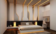 a modern bedroom with white walls and wood flooring is lit by recessed lighting