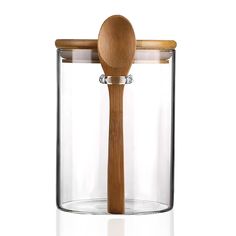 a wooden spoon in a glass container