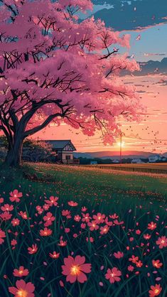 a painting of pink flowers in front of a tree with the sun setting behind it