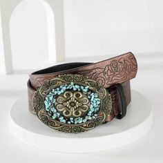 New Belt Length: 38" Fit (Waist) 28" - 34" Width: 1.5" Faux Turquoise Stones Belt Buckle Pu Leather Embossed Tags: Bronze Country Girl Rodeo Cowgirl Southwestern Boho Bohemian Embossed Tags, Goth Belt, Vintage Turquoise Belt With Concho, Adjustable Vintage Turquoise Belt, Vintage Adjustable Turquoise Belt, Southwestern Turquoise Concho Belt Buckles, Turquoise Bohemian Belt Buckle With Antique Detail, Equestrian Belts, Western Turquoise