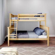 a wooden bunk bed sitting on top of a hard wood floor next to a white wall