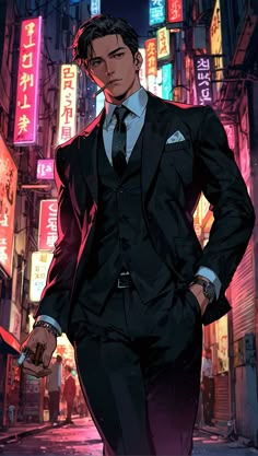 a man in a suit and tie standing on a city street at night with neon signs behind him