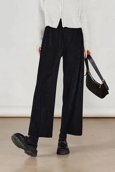 Embrace the winter season in style with our Cropped Corduroy Wide-leg Pants for Women. These pants offer a timeless appeal with a modern twist, perfect for enhancing any wardrobe. Black Corduroy Outfit, Black Courdory Pants Outfit, Winter Wide Leg Corduroy Bottoms, Winter Corduroy Full Length Bottoms, Black Corduroy Bottoms For Fall, Winter Full-length Corduroy Bottoms, Fall Velvet Trousers, High-waisted Velvet Pants For Fall, Full-length Velvet Bottoms For Fall