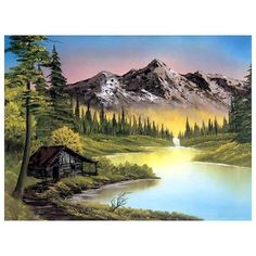 a painting of a cabin in the woods by a lake with mountains and trees around it