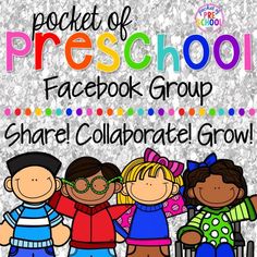 a group of children standing next to each other in front of a sign that says pocket of preschool facebook group share collaborate grow