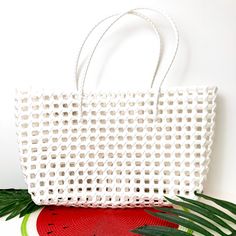 Beachy Brights Basket Tote Bag in White - Giddy Up Glamour Boutique Eco-friendly Open Weave Straw Bag For Summer, White Straw Crochet Bag For Travel, White Square Crochet Bag For Beach, White Square Crochet Beach Bag, White Square Crochet Bag For Vacation, Rectangular White Crochet Bag For Vacation, Summer Beachy Basket Beach Bag, Beachy Everyday Straw Bag With Open Weave, Beachy White Straw Bag For Spring