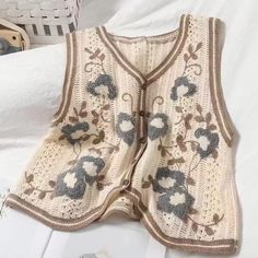 Short Loose Sleeveless Sweater Vest For Spring AutumnLength:48cmBust:90cm Cottagecore Aesthetic Clothes, Waistcoat Woman, Floral Vests, Sleeveless Sweater Vest, Female Clothing, Floral Sweater, Sleeveless Cardigan, Long Sleeve Knit Sweaters, Embroidered Sweater