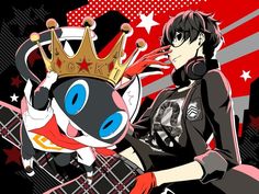 an anime character holding a guitar and wearing a crown