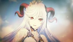 an anime character with horns on her head and white hair, standing in front of clouds