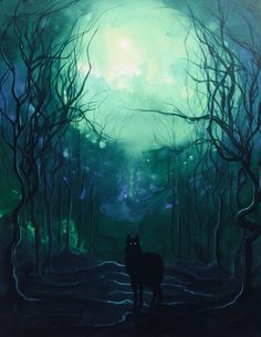 a painting of a wolf standing in the middle of a forest with green light coming from behind it