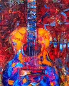 an abstract painting of a colorful guitar