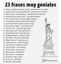 the statue of liberty is shown with words in english and spanish on top of it