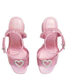 Barbie™ x ALDO The DreamHouse™ Collection Barbie Party Rhinestone Heart Iridescent Platform Sandals | Dillard's Fimo, Homecoming Heels Pink, Cute Pink Sandals, Pink Heart Shoes, Pink Heart Heels, Brats Shoes, Fancy Shoes Flats, Pink Designer Shoes, Barbie Sandals