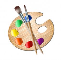 an artist's palette and two paintbrushes on a white background stock photo