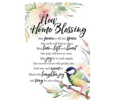 a watercolor painting of a bird on a branch with the words, new home blessing