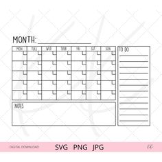 the printable calendar is shown in black and white, with pink trimmings