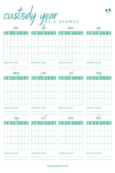 a printable calendar with the words custoy year at a glance on it