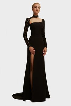 Buy Trumpet gown with detachable sleeve at Milla Dresses. Wide size range from XXS to XXL. FREE shipping across the USA. Return in 30 days. Black Evening Gown, Long Sleeve Evening Gowns, Dress Weights, Sequin Sleeve, Trumpet Gown, Long Sleeve Gown, فستان سهرة, Black Gown, Gala Dresses