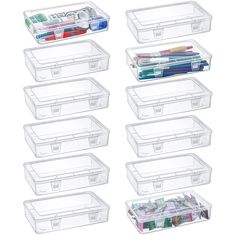 six clear storage containers with lids and dividers on the bottom, each containing different items