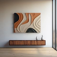 an abstract painting hangs on the wall above a wooden shelf