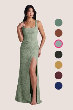 Mero is our stunning bridesmaid dress crafted from our floral burnout fabric. She features a square neckline paired with straps leading to a keyhole back. The look is complete with a pleated floor length sheath skirt. Eucalyptus Bridesmaid Dress, Eucalyptus Bridesmaid, Green Sheath Dress, Stunning Bridesmaid Dresses, Burnout Fabric, Sheath Skirt, Green Flooring, Dress Crafts, Stretch Satin