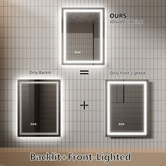 the bathroom mirror is lit up with three different lighting options for each light in it