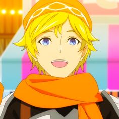 an anime character with blonde hair and blue eyes, wearing a scarf around his neck