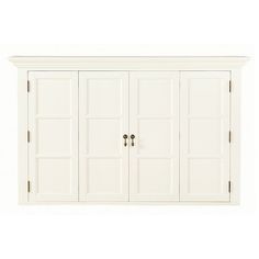 a white cabinet with three doors and two drawers on the front, against a white background