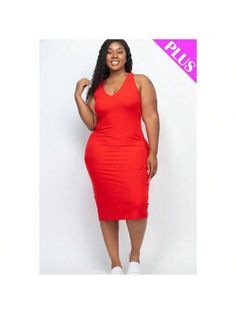 Rojo Sexy Collar   Liso  Embellished Ribbed Bodycon Midi Dress, Dress 15, Plus Size Bodycon, Plus Size Mini Dresses, Ribbed Bodycon Dress, Sleeveless Bodycon Dress, Bodycon Midi, Midi Dress Bodycon, Bold Fashion