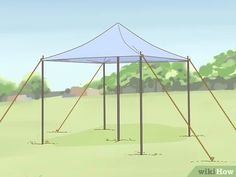 a drawing of a tent set up in the middle of a field with trees behind it