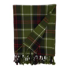 a green and red plaid scarf with tassels on the ends is laying flat