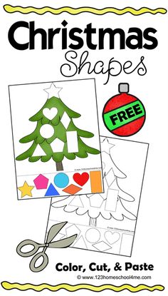 christmas shapes coloring pages for kids to color, cut and paste the tree with scissors