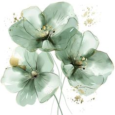 three green flowers on a white background with gold flecks and watercolor paint