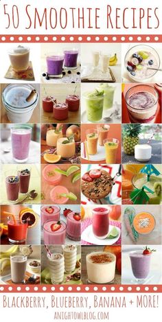 the cover of 50 smoothie recipes, with pictures of different drinks and desserts