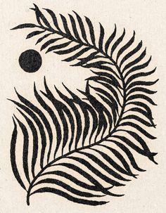 a black and white drawing of a palm leaf with an orange ball in the background