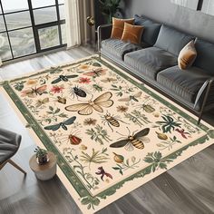 a living room with a couch and rug on the floor