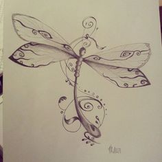 a drawing of a dragonfly with swirly wings