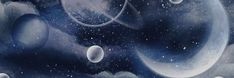 an artistic painting of planets floating in the sky, with clouds and stars around them