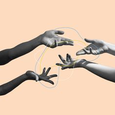 four hands reaching out to each other with wires in the middle and one hand holding something