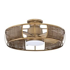 a ceiling fan with a light on it's side and wicker shades around the blades