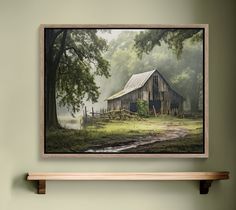 a painting hanging on the wall above a wooden shelf in a room with green walls