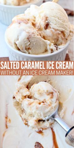 scoops of salted caramel ice cream in bowl and ice cream scoop No Churn Caramel Ice Cream, Caramel Ice Cream Recipe, Homemade Ice Cream Recipes Machine, Creamy Ice Cream, Ice Cream Recipes Machine, Ice Cream Smoothie, Salted Caramel Ice Cream, Easy Ice Cream Recipe