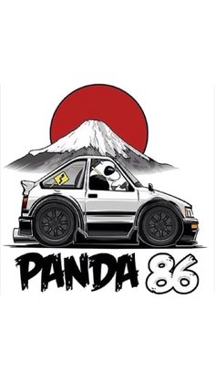 an image of a car with the word panda on it's side and mountains in the