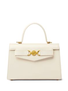 white calf leather Medusa plaque detail logo stamp to the rear gold-tone hardware foldover top with magnetic fastening adjustable detachable shoulder strap single flat top handle main compartment internal slip pocket internal logo stamp metal feet White Top Handle Bag, Classy Bags For Women, Turkey Shopping, Versace Bag, Gold Handbag, Best Designer Bags