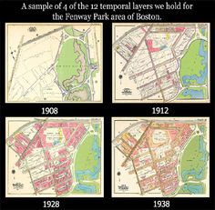 four maps showing the locations of different areas in boston